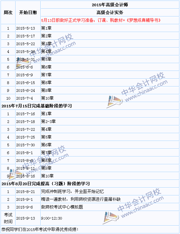 2015年高级会计师考试学习计划表