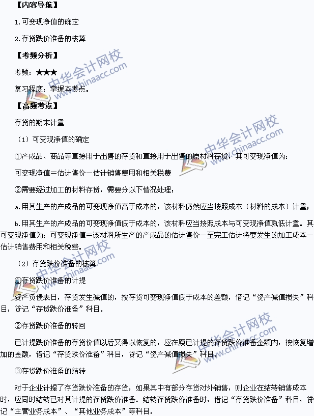 2015年中级会计职称《中级会计实务》高频考点：存货的期末计量