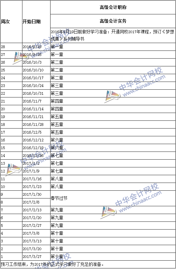 2017年高级会计师考试预习阶段学习计划表