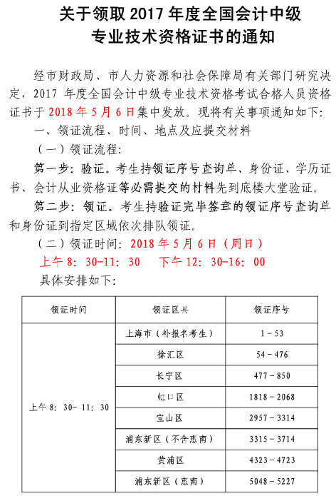 上海2017年中级会计职称证书5月6日集中发放