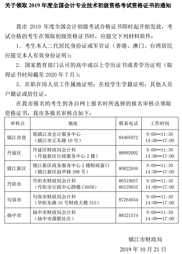 2019年江苏省镇江市初级会计证书领取的通知