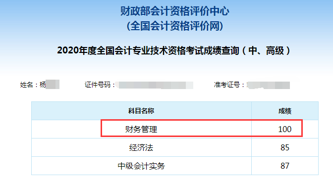 中级会计职称百分学员成绩单