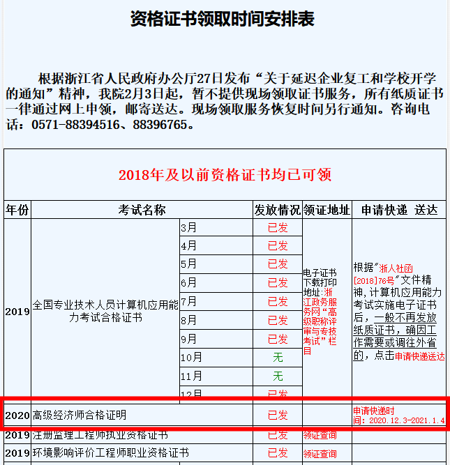 浙江2020高级经济师合格证明领取