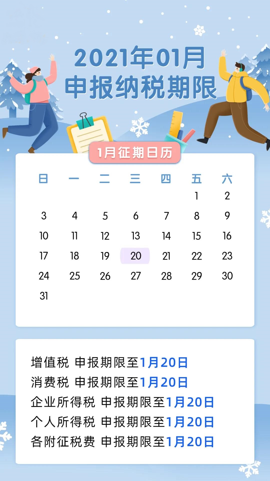 2021年1月纳税申报截止日期为1月20日 有延期!