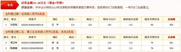 2013年注册税务师奖学金获奖名单