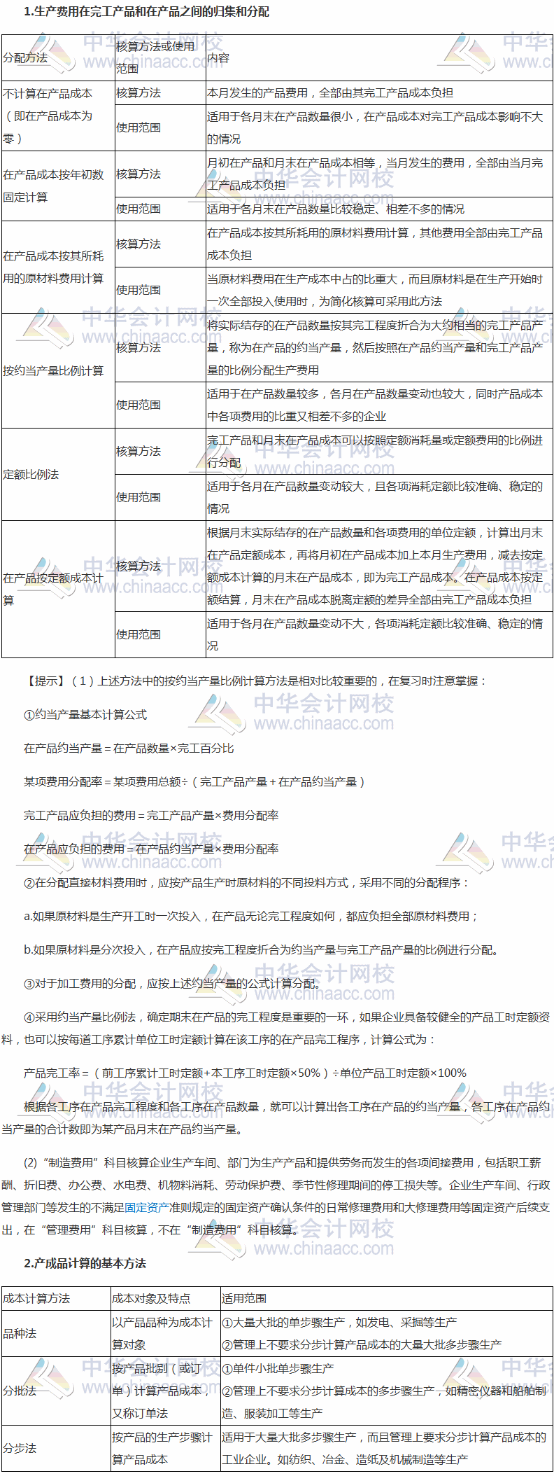 2017税务师《财务与会计》高频考点：产品成本核算的基本方法