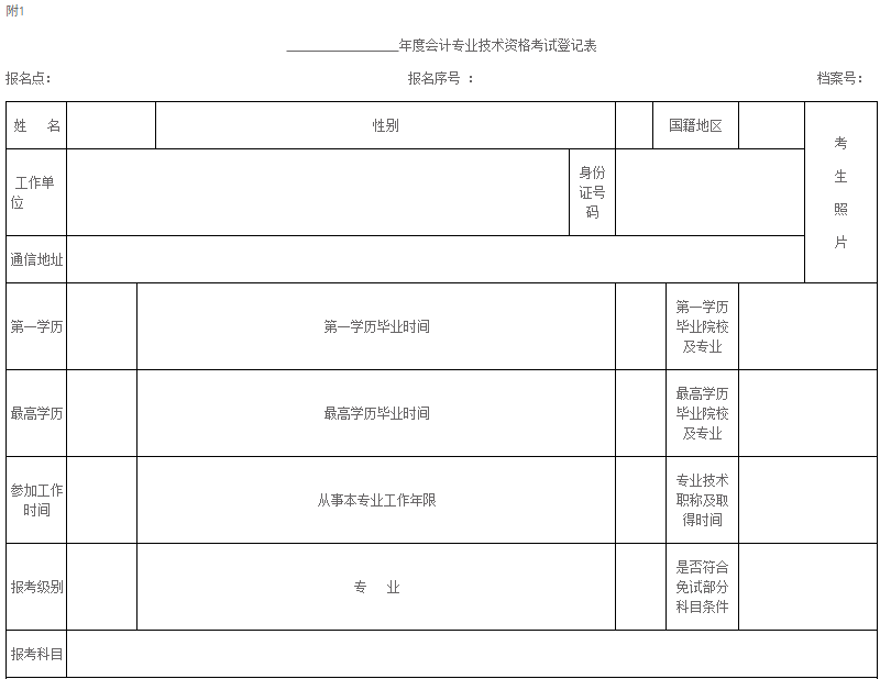 年度会计专业技术资格考试登记表