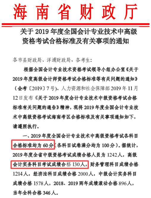 海南三亚2019年高级会计师考试合格标准通知