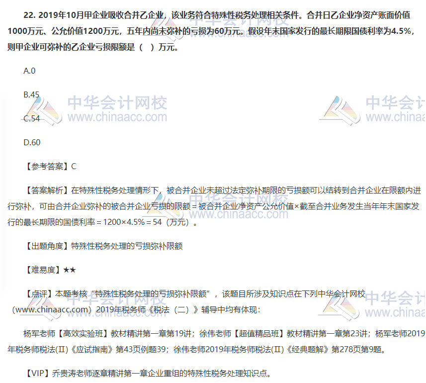 2019税务师税法二试题单选题单选题22