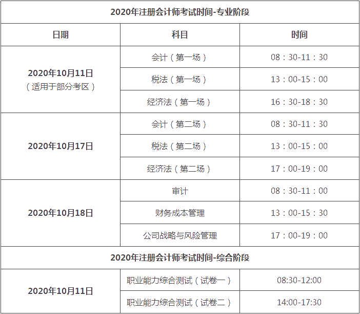 2020年湖北CPA考试时间