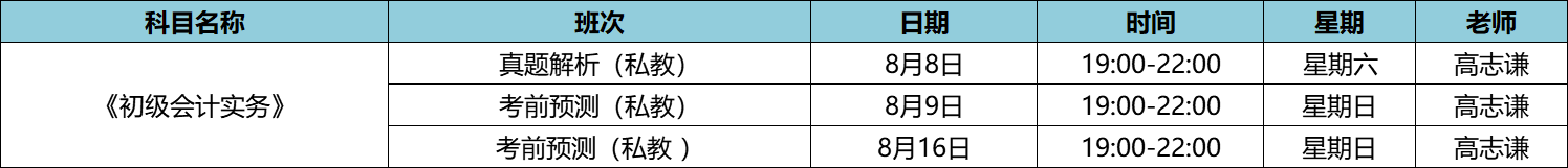 初级会计实务-私教直播班8月课表