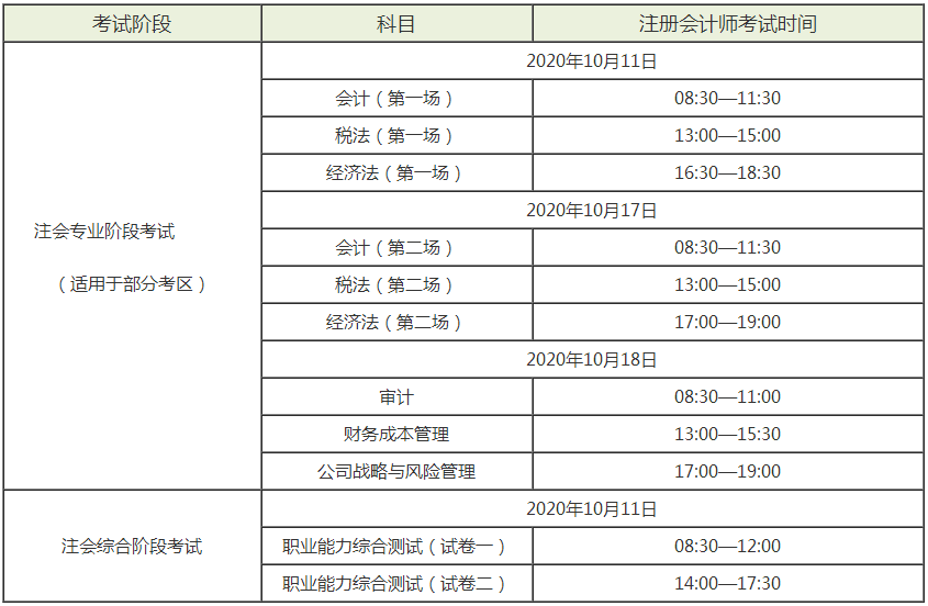 2020年湖北宜昌cpa考试时间是什么时候？