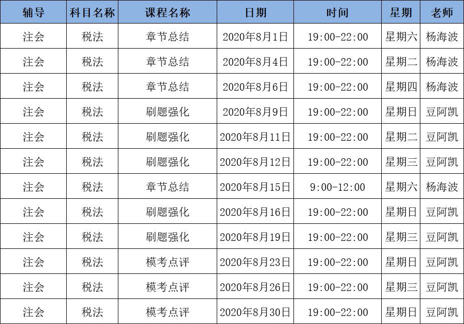2020年注会C位冲刺密卷班《税法》课表