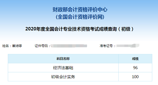 2020初级会计考试高分学员成绩单