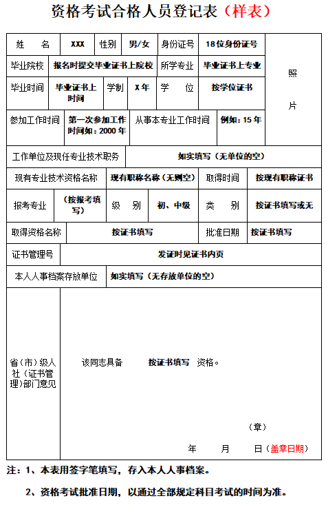 资格考试合格人员登记表填写说明