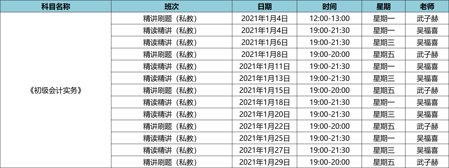 2021年初级会计职称私教直播班《初级会计实务》课程安排