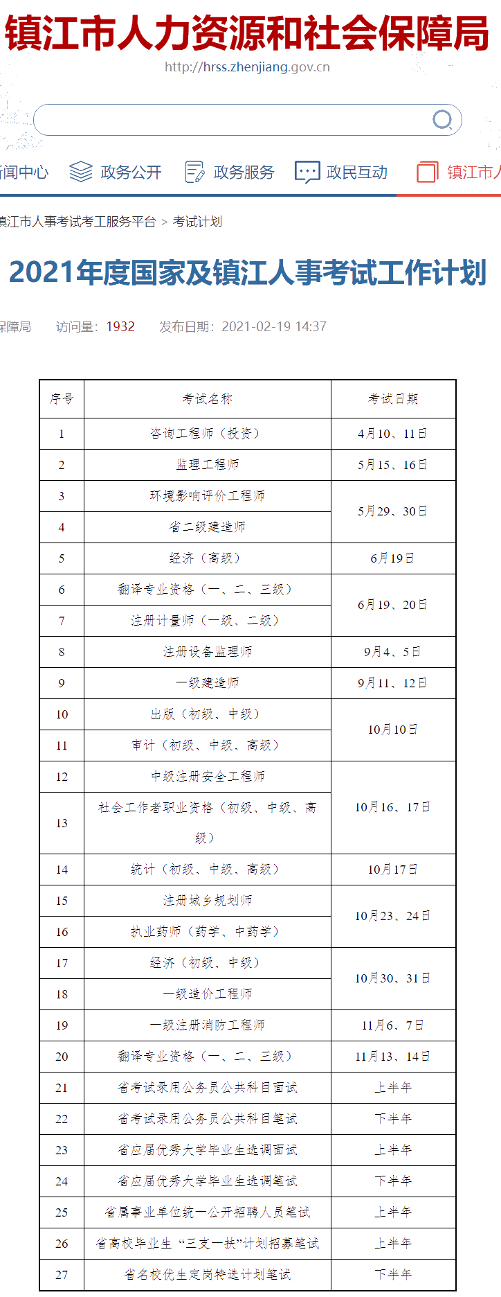 2021年度国家及镇江人事考试工作计划