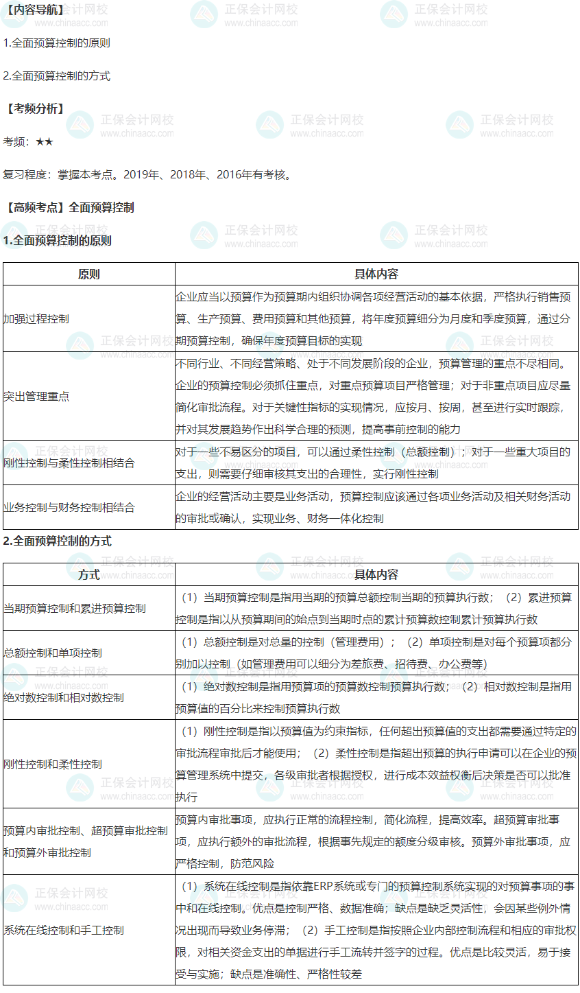 2022年高级会计师考试高频考点：全面预算控制