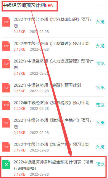 中级经济师预习计划表下载