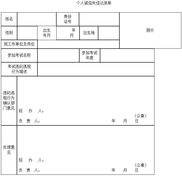 个人诚信失信记录单