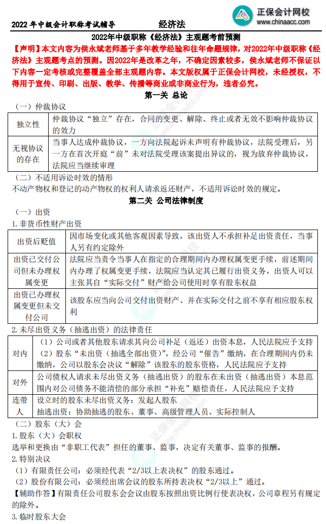 【13页下载版】2022侯永斌中级会计经济法主观题核心考点提示