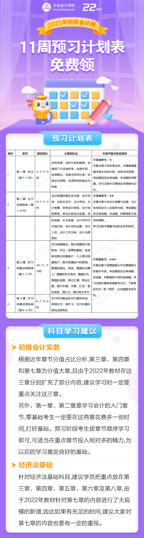 2023年初级会计考试11周预习计划表免费领！