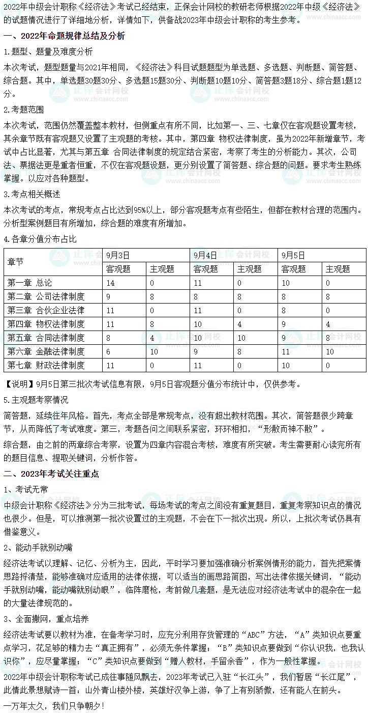 2022年中级会计职称《经济法》考情分析