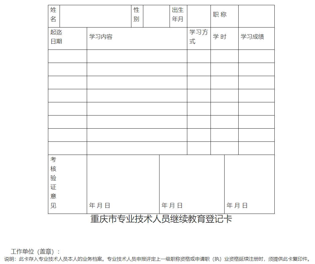 重庆市专业技术人员继续教育登记卡