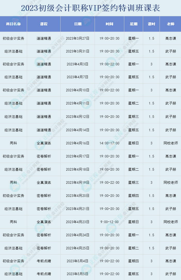 2023年初级会计职称VIP签约特训班直播课表