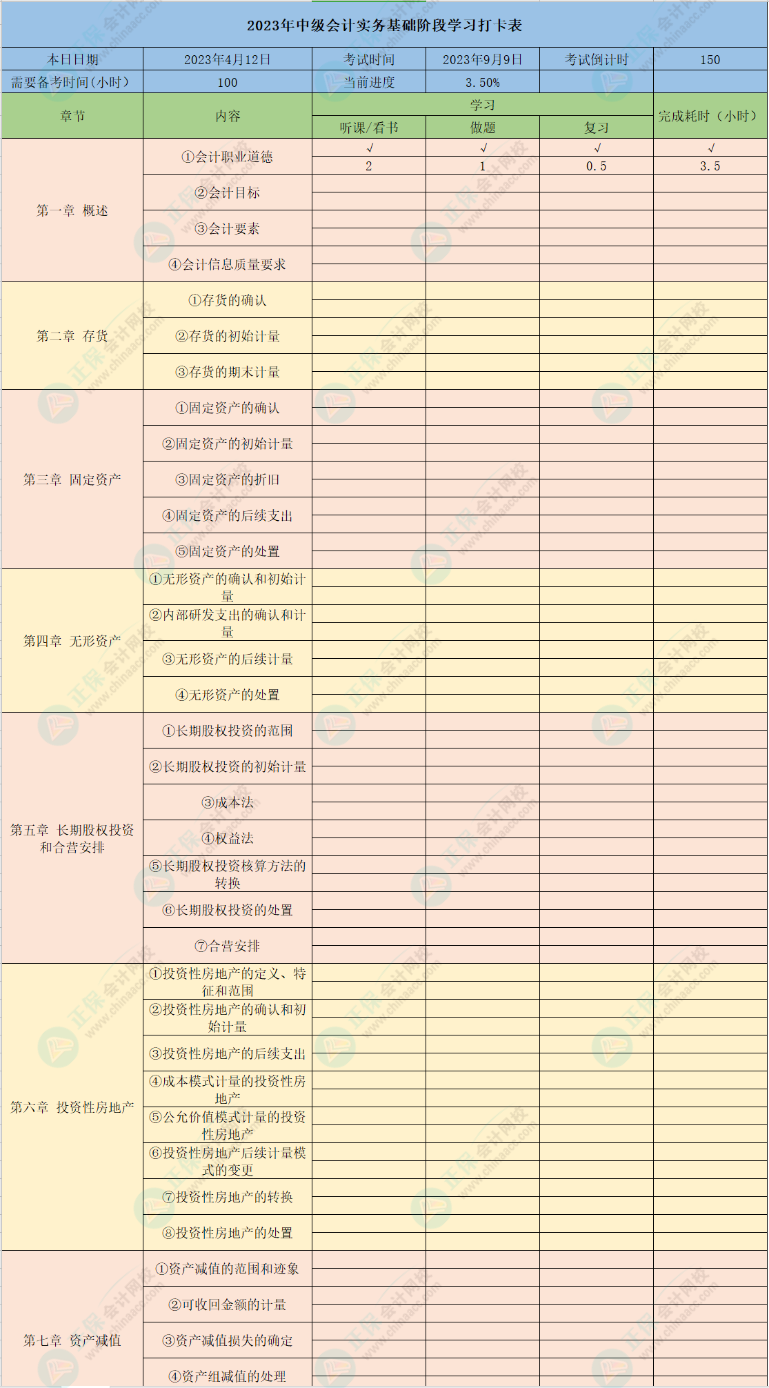 2023年中级会计实务26章学习打卡表