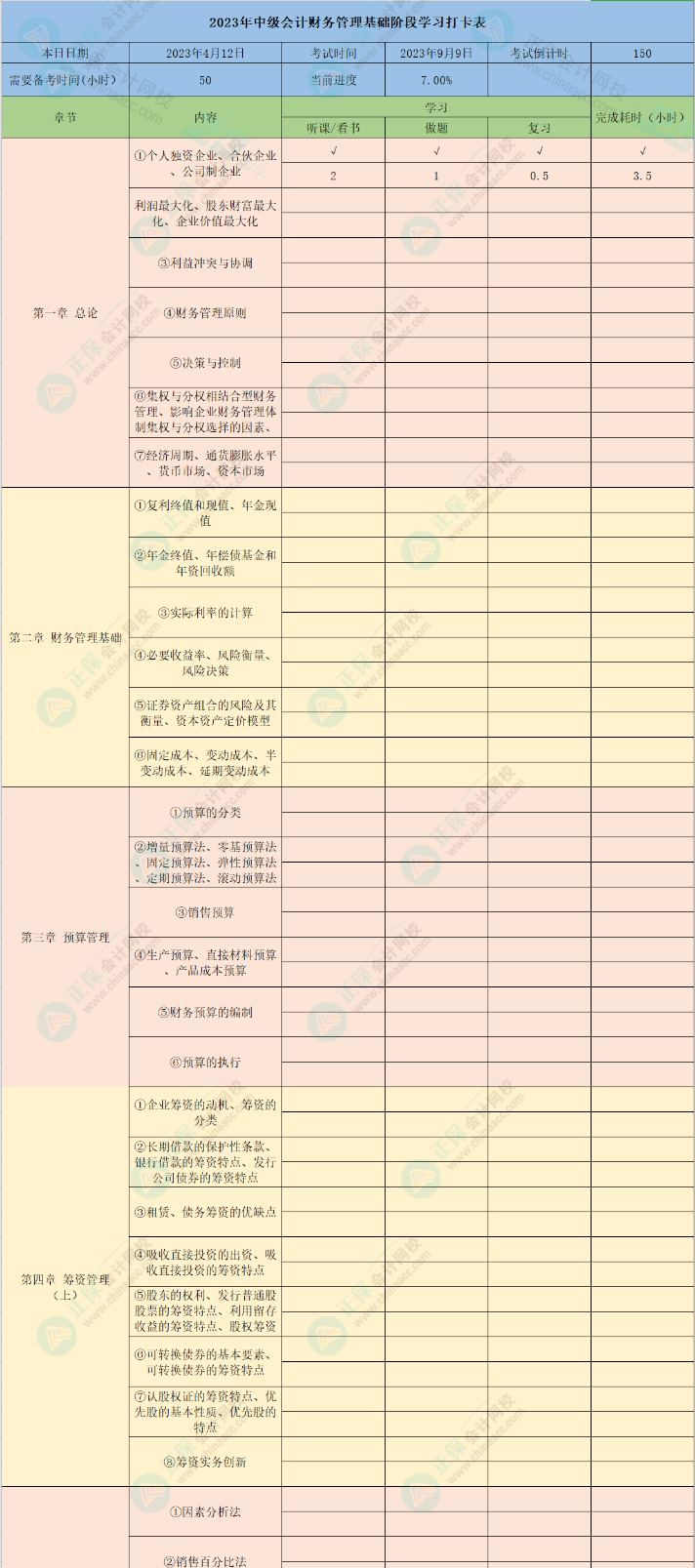 2023年中级会计财务管理10章学习打卡表