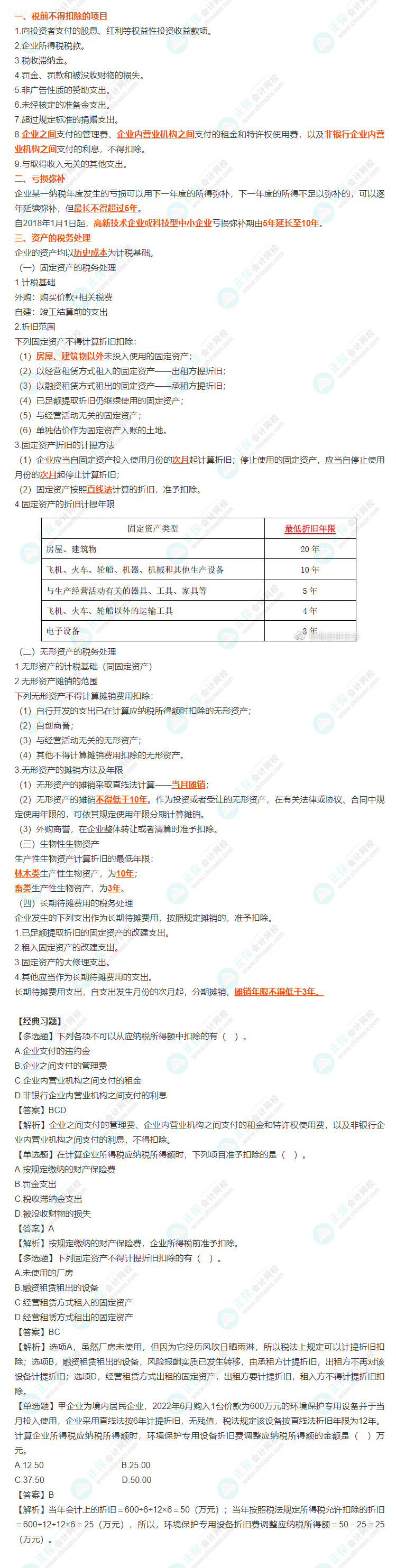 【杨海波老师整理】企业所得税核心考点三:税前不得扣除项目及资产的税务处理