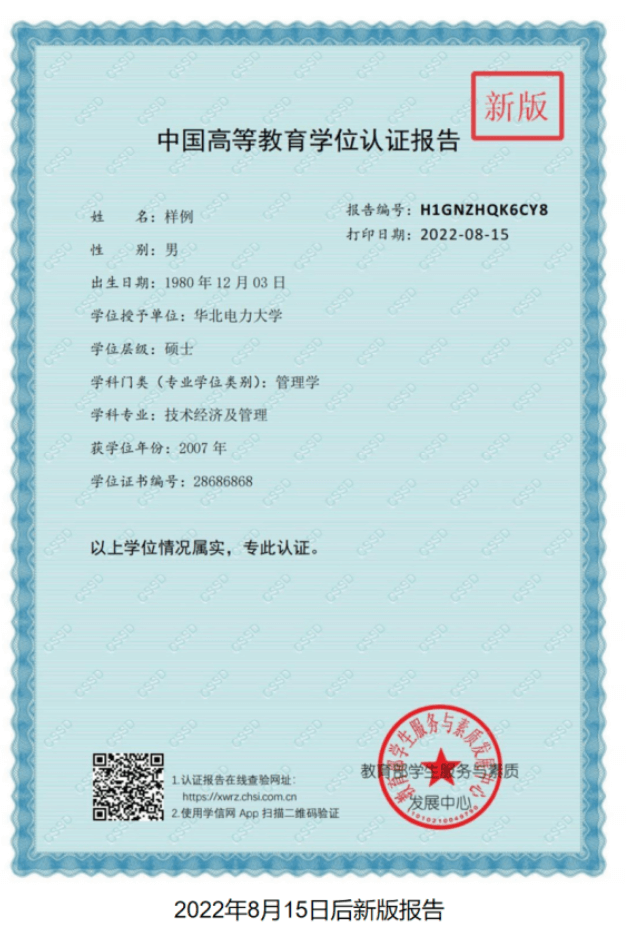 中国高等教育学位认证报告（2022年8月15日后新版报告）