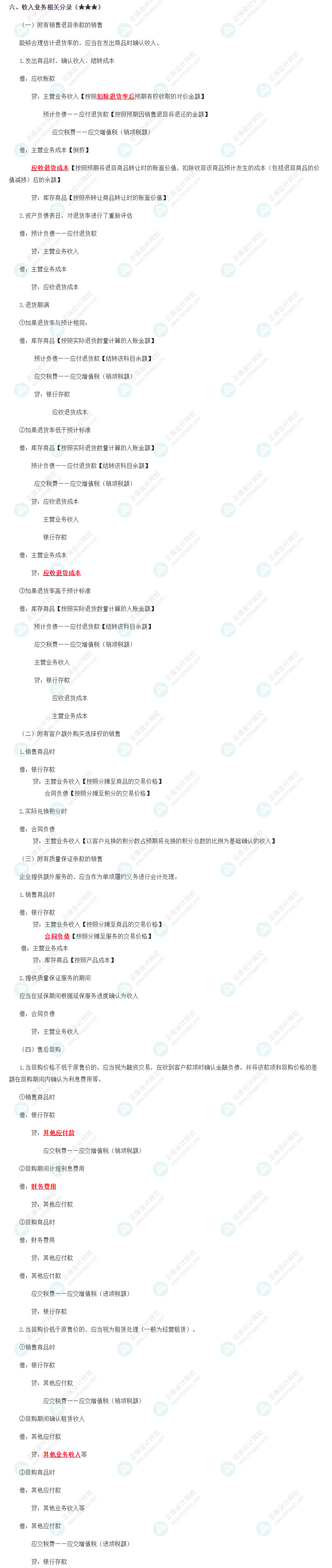 收入业务相关分录