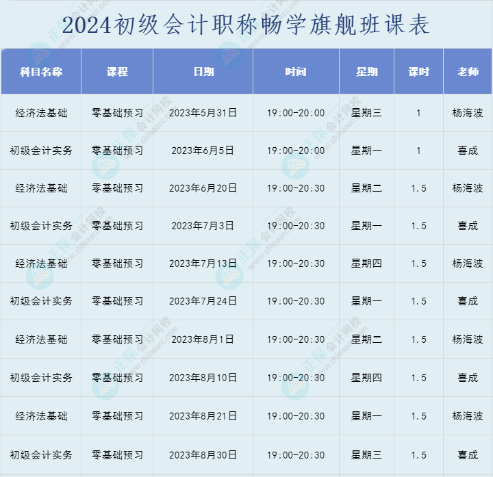 2024年初级会计职称畅学旗舰班直播课表安排