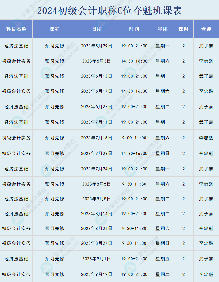 2024年初级会计职称C位夺魁班直播课表安排