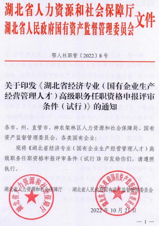 湖北省经济专业（国有企业生产经营管理人才）高级职务任职资格申报评审条件（试行）