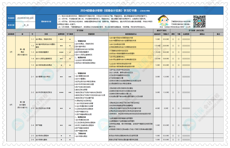 快来领~2024年初级会计学习计划打卡表新鲜出炉！拖延症很适用！