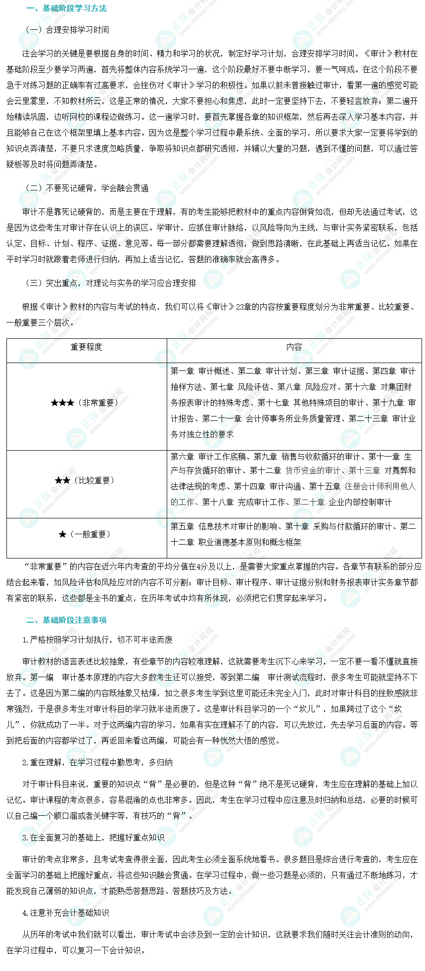 2024注会《审计》基础阶段学习方法及注意事项