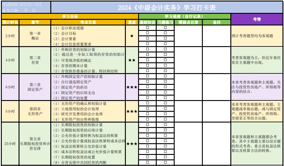 自律必备！2024年中级会计职称学习打卡表 一键下载！