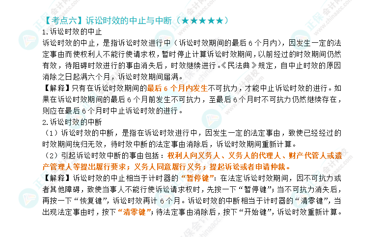 2024注会《经济法》第二章高频考点6：诉讼时效的中止与中断