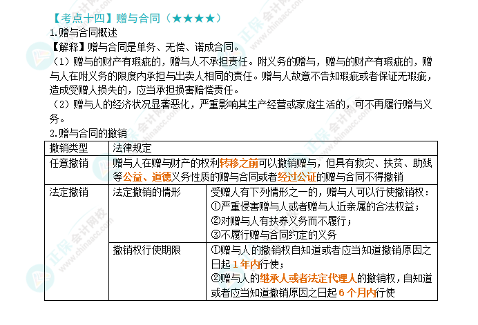 2024年注会《经济法》第4章高频考点14：赠与合同