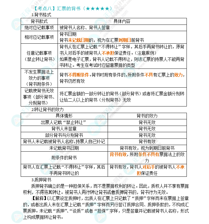 2024年注会《经济法》第9章高频考点8：汇票的背书