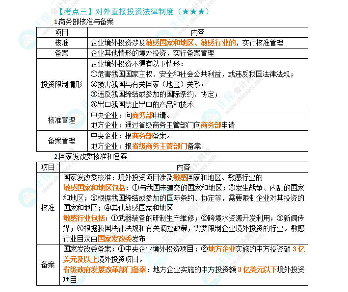 2024年注会《经济法》第12章高频考点3:对外直接投资法律制度
