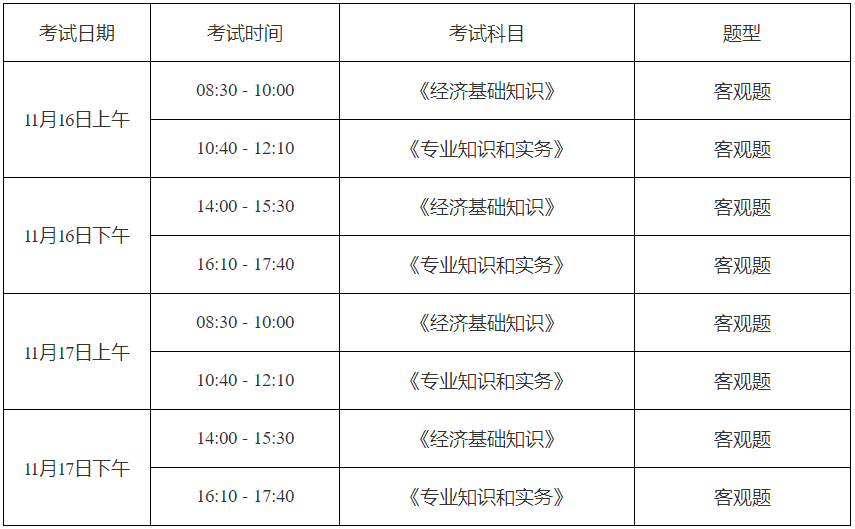 考试科目时间安排