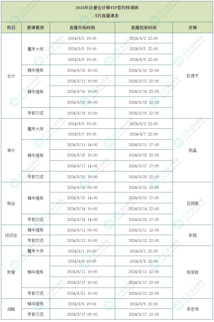 上课提醒！2024年注会vip签约特训班8月课表已出炉！